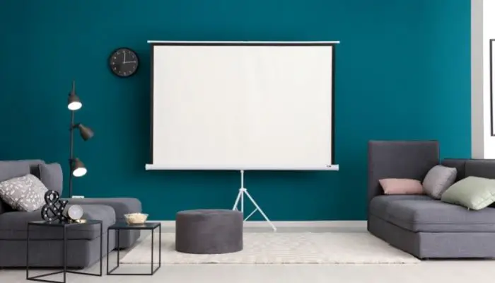 A projector screen in a living room