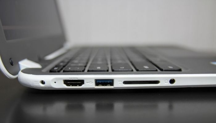 A silver and black Chromebook